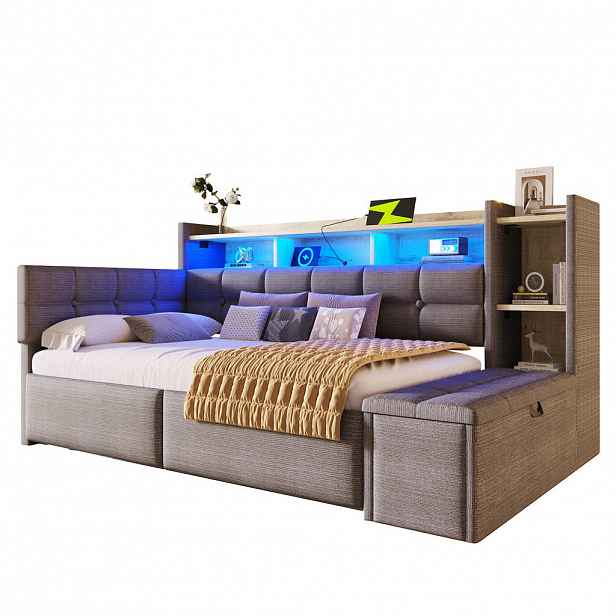 WISHDOR ROZKLÁDACÍ POHOVKA 90/190 cm v tmavě šedém sametu se 2 zásuvkami, LED osvětlením, USB a Type-C