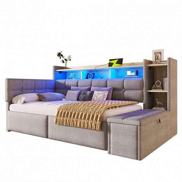 WISHDOR ROZKLÁDACÍ POHOVKA 90/190 cm v šedém sametu se 2 zásuvkami, LED osvětlením a USB/Type-C