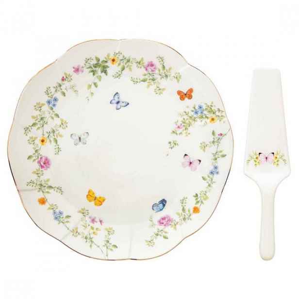 Servírovací sada na dorty s podnosem a servírovací stěrkou, porcelán,