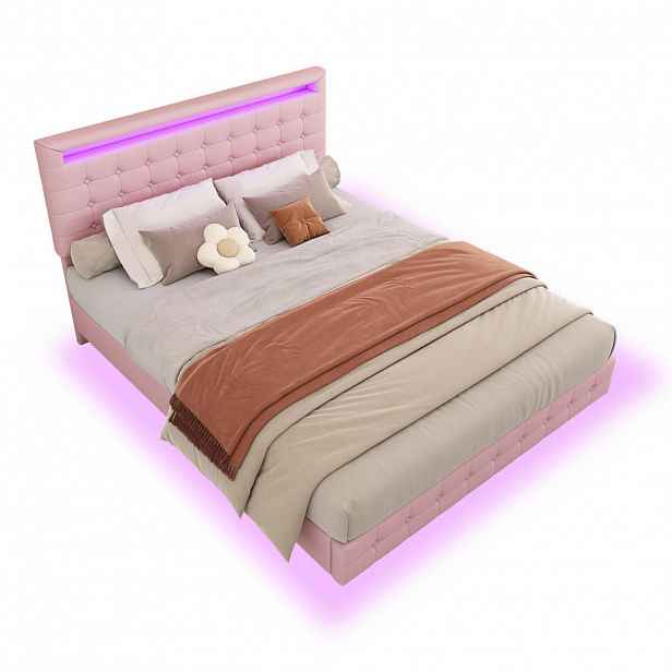 Modfu ČALOUNĚNÁ postel z PU 140x200 cm růžová s LED osvětlením, 3stupňově nastavitelným čelem a plovoucím designem