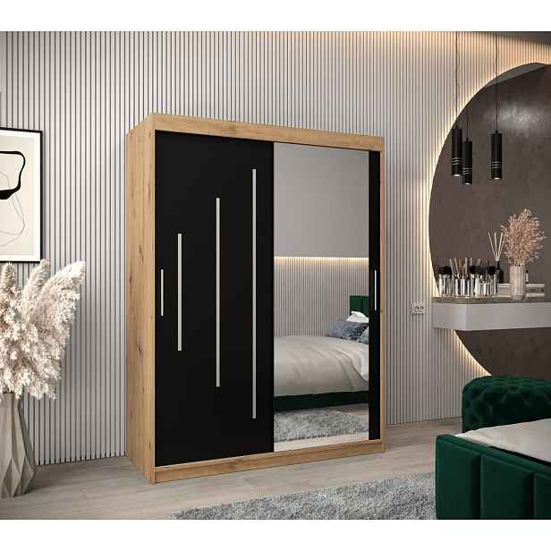 Šatní skříň se zrcadlem ROZALIE - šířka 150 cm, dub artisan / černá