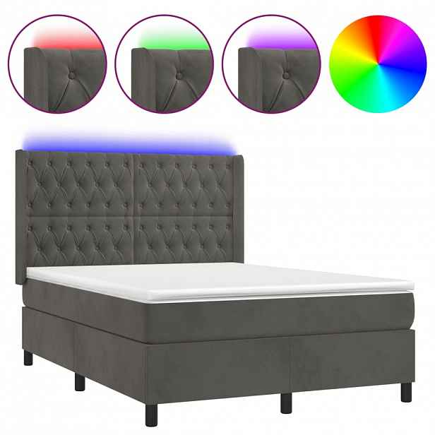 vidaXL Box spring postel s matrací a LED tmavě šedá 140x190 cm samet