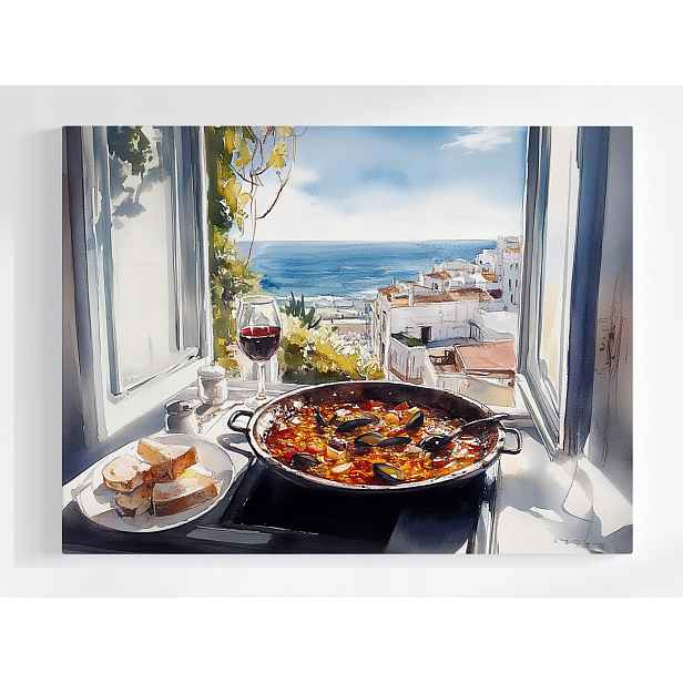 Plakát Okno Kuchyně Moře Paella Víno Španělsko 100x75