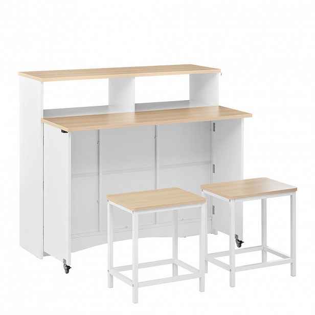 Redom KUCHYŇSKÝ ostrůvek 110/34-68/97,5 cm s klopnou pracovní deskou, úložným prostorem a 2 stoličkami, Bílá