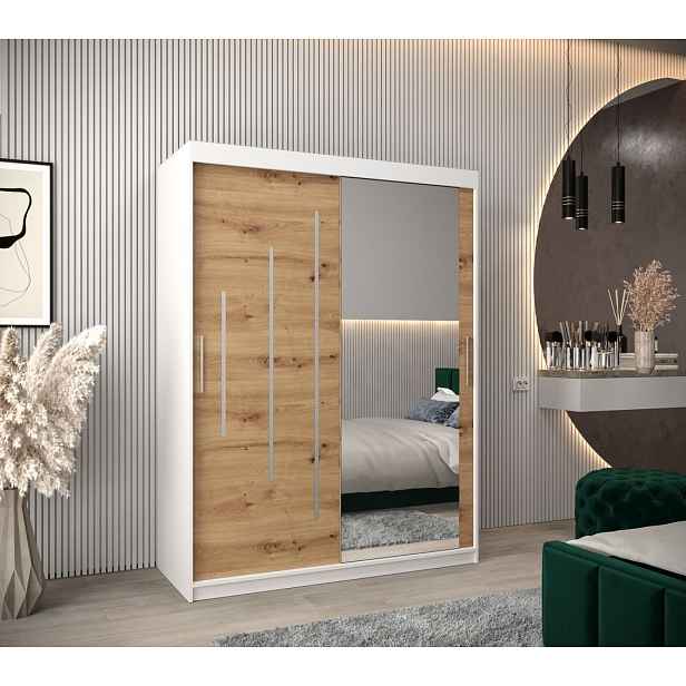 Šatní skříň se zrcadlem ROZALIE - šířka 150 cm, bílá / dub artisan