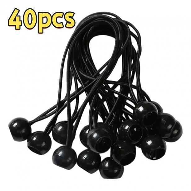 TEMU 40 ks extra silných bungee s plastovými kuličkami, ideální pro upevnění kempingových stanů, a plážových sítí. Dostupné v černé barvě, perfektní