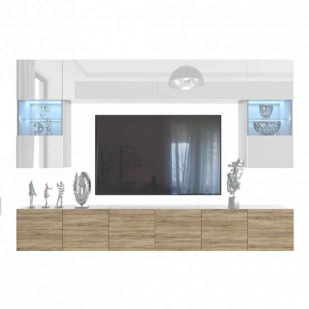 B BELINI GROUP OBÝVACÍ STĚNA Milano 1, Bílá / Dub Sonoma lesklý, 300 cm, Bezúchytková
