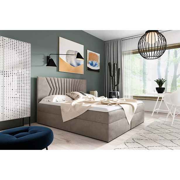 Čalouněná postel s prošívaným čelem AKIM - 200x220, béžová + topper ZDARMA