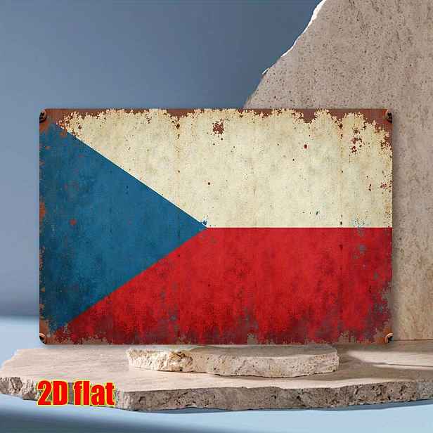 TEMU 2D Plochý, 2D Plochý - 1ks Vintage Česká Vlajka Kovová Cedule - 19,81X29,97cm | Rustikální Železná Nástěnná Dekorace s Ošlehaným Vzhledem |