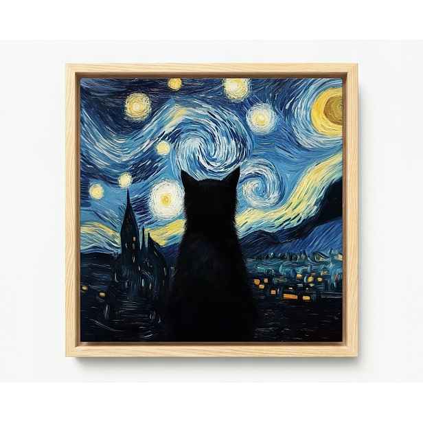 Obraz Rám American Box Van Gogh Styl Hvězdná Noc Černá Kočka 60x60
