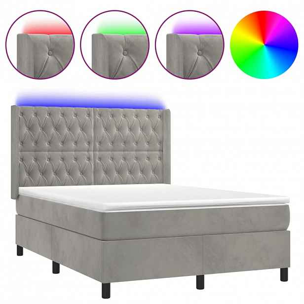 vidaXL Box spring postel s matrací a LED světle šedá 140x200 cm samet
