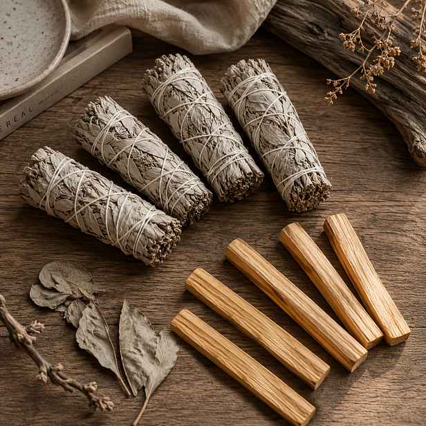 TEMU 4 ks tyčinek s bílým šalvějí a 5 ks balíčků Palo Santo dřeva - ručně vázaná sada pro relaxaci a duchovní