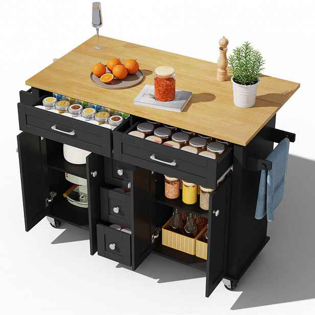 Redom KUCHYŇSKÝ ostrůvek 140/40(65)/89 cm s výklopnou pracovní deskou, úložným prostorem na kolečkách, MDF, Černá + přírodní
