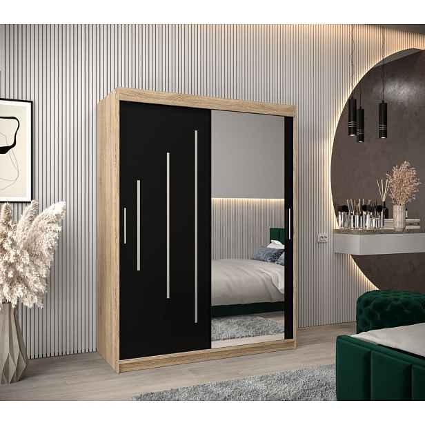 Šatní skříň se zrcadlem ROZALIE - šířka 150 cm, dub sonoma / černá
