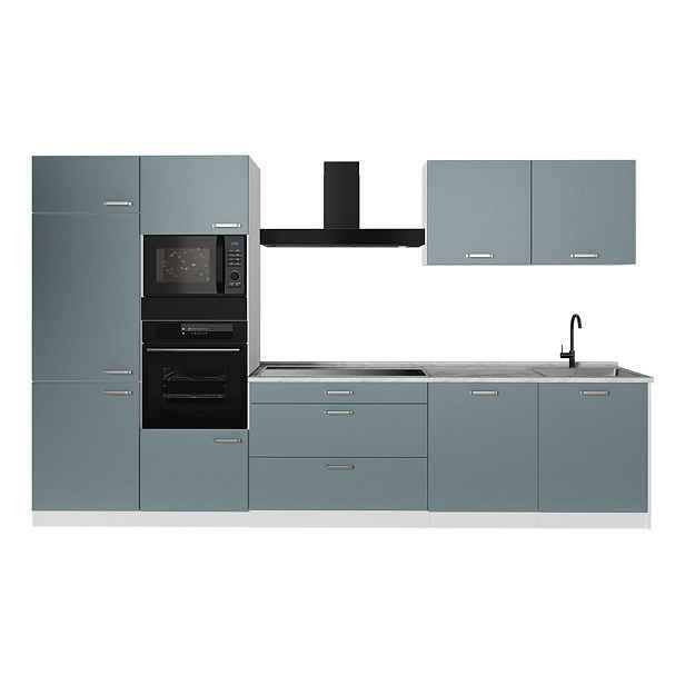 Vicco KUCHYŇSKÝ KOUT R-Line, Modrošedá/Bílá, 340 cm pracovná doska Mramor