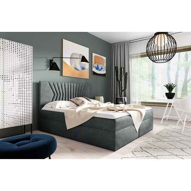 Čalouněná postel s prošívaným čelem AKIM - 200x220, šedá + topper ZDARMA