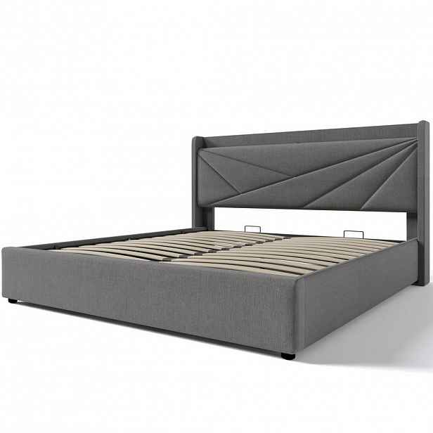 Modfu ČALOUNĚNÁ postel z bavlněného lnu 180x200 cm šedá s USB a Typ-C, úložným prostorem a geometrickým čelem