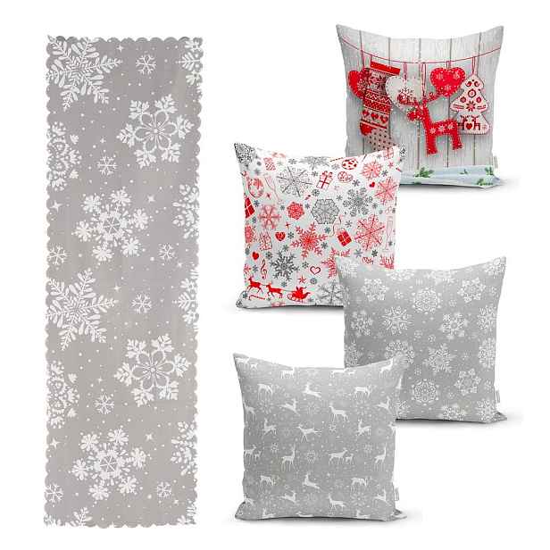 Sada 4 vánočních povlaků na polštář a běhounu na stůl Minimalist Cushion Covers Snowflakes