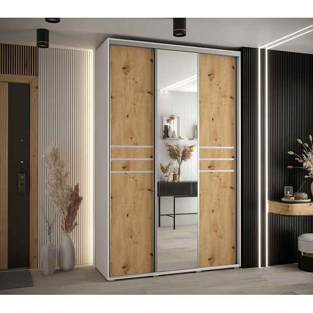 Šatní skříň YVONA 11 - 160/60 cm, bílá / dub artisan / stříbrná