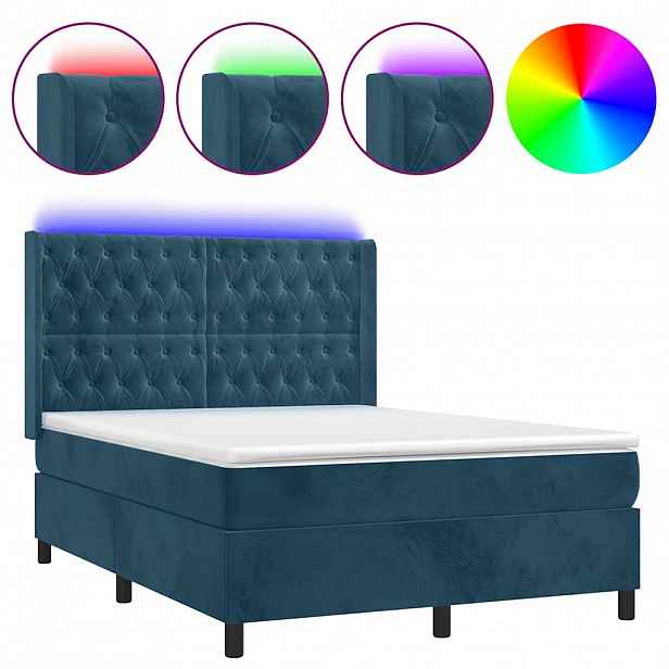 vidaXL Box spring postel s matrací a LED tmavě modrá 140x200 cm samet
