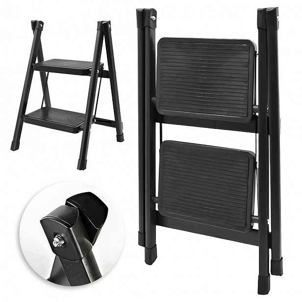 2-stupňové schůdky s gumovými nožičkami, 150 kg, skládací, černé