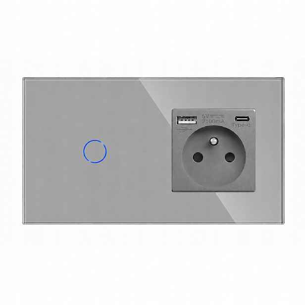 Jednopólový Dotykový Schodišťový Spínač 1K Se Zásuvkou Usb-c Skleněný Qc 20W