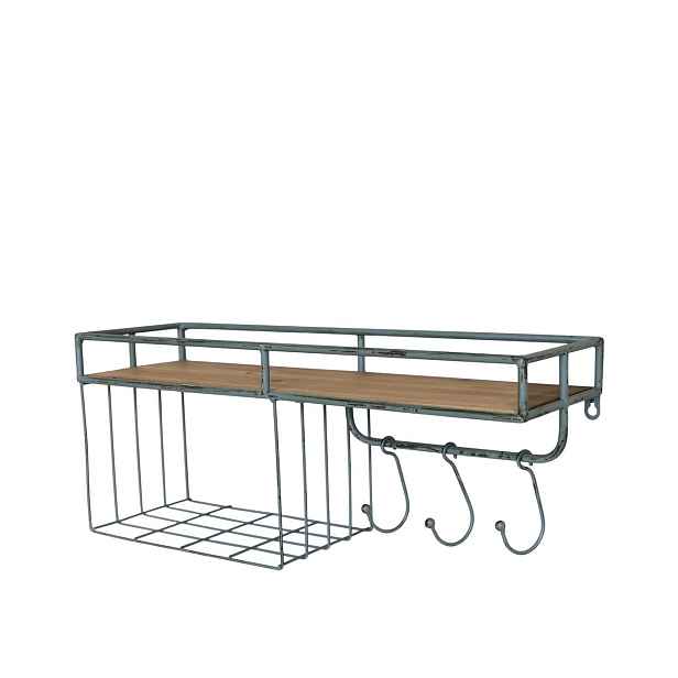 Opálová antik kovová nástěnná polička s háčky Old Shelf - 58*18*24 cm Chic Antique