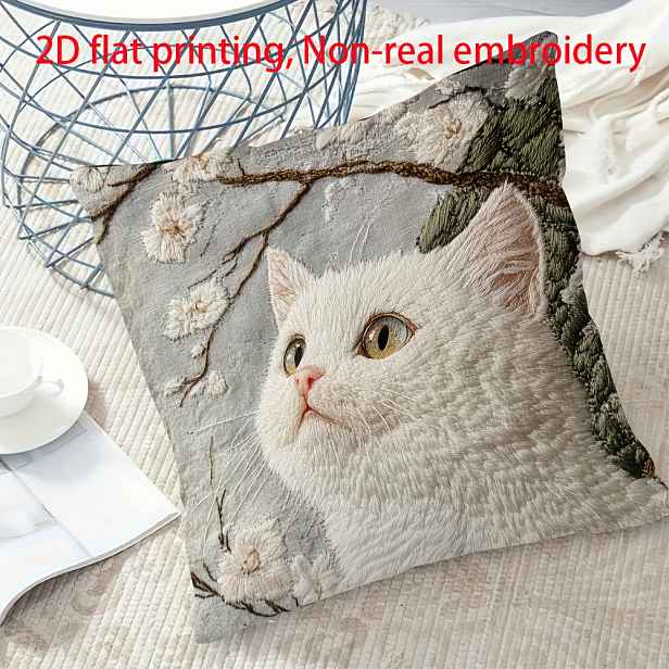 TEMU 1 ks Sametový potah na polštář 40X40 cm Vintage Bílý Kočka a Třešňový Květ Dekorativní Polštářový Potah Vložka do Polštáře Není Součástí Balení.