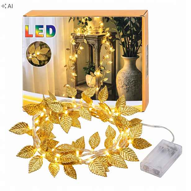 4 ks světelný řetěz na baterie Girlanda Led Zlaté listy 2 m Vánoční