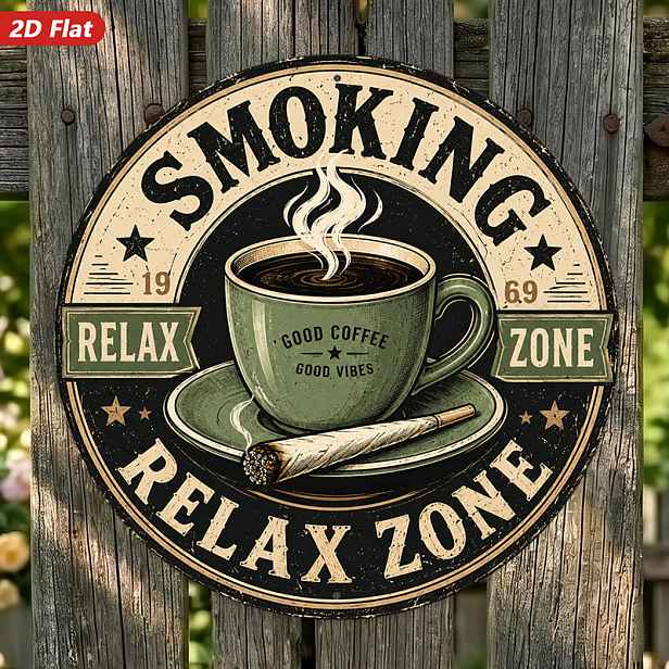 TEMU 2D plochá, 1ks kulatá kovová cedule s relaxační zóny, nástěnné umění, Dobré dobré vlny, bytová dekorace, retro opotřebovaný styl, vintage zelené