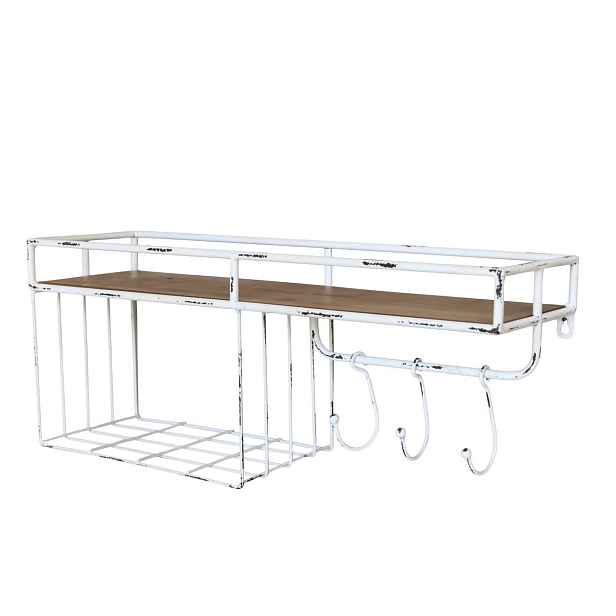 Bílá antik kovová nástěnná polička s háčky Old Shelf - 58*18*24 cm Chic Antique