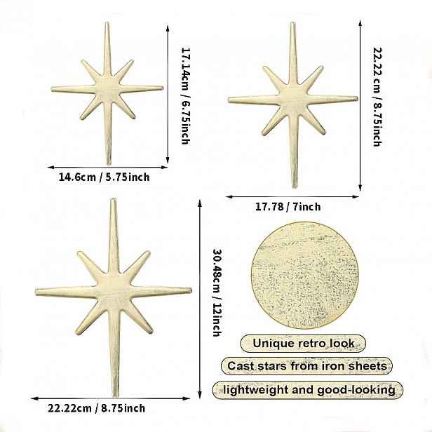 TEMU 3 Litinové Závěsné Nástěnné Dekorace Hvězda Starburst Železné Umění Střední Století Moderní 8bodová Hvězda Snadná Instalace Starburst Nástěnná
