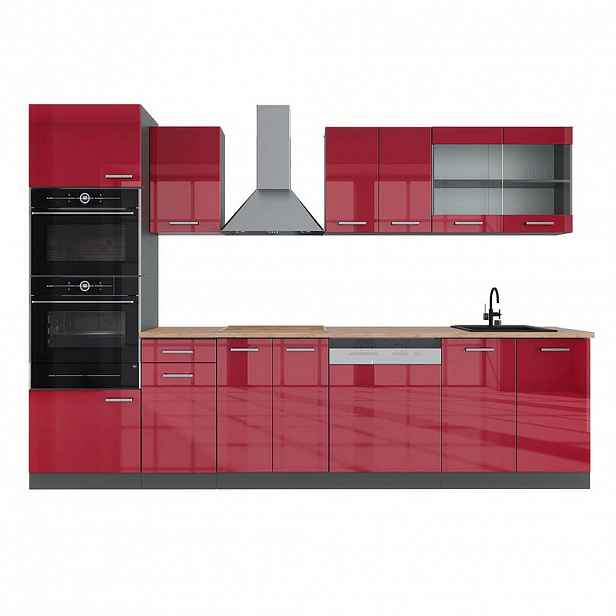 Vicco KUCHYŇSKÝ KOUT R-Line Červená vysoký lesk 300 cm s vysokou skříní, PD Dub