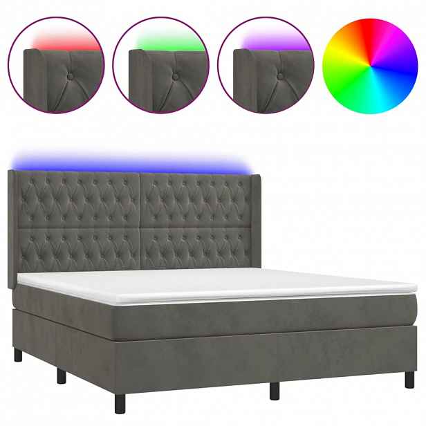 vidaXL Box spring postel s matrací a LED tmavě šedá 160x200 cm samet