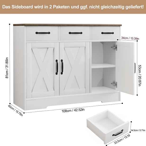 TEMU Sideboard, kuchyňská skříňka se 3 zásuvkami a 3 dvířky, dřevěná úložná skříň do kuchyně, obývacího pokoje, jídelny, chodby, bílá a černá