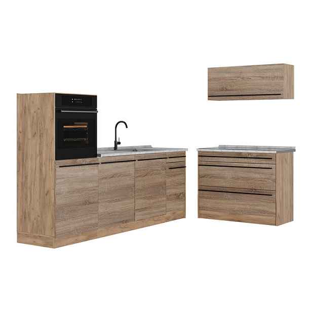 Vicco KUCHYŇSKÝ KOUT R-Line, Sonoma/Zlatý mocný dub, 220 cm pracovná doska Mramor