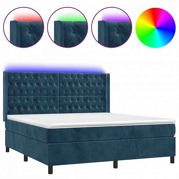vidaXL Box spring postel s matrací a LED tmavě modrá 160x200 cm samet