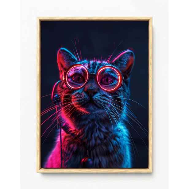 Obraz Rám Americký Box Portrét Kočka Kocur Růžové Brýle Techno Nerd 60x80