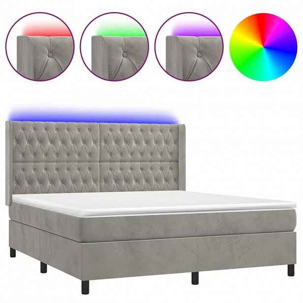 vidaXL Box spring postel s matrací a LED světle šedá 180x200 cm samet