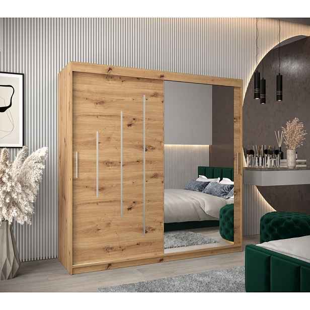 Šatní skříň se zrcadlem HANAH - šířka 200 cm, dub artisan