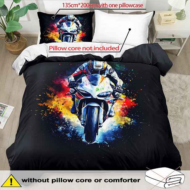 TEMU 2/3ks Motocyklový motiv potah na peřinu - měkký, prodyšný polyesterový povlak s jasným potiskem, kreslený motocyklový , uzavírání na zip, vhodné