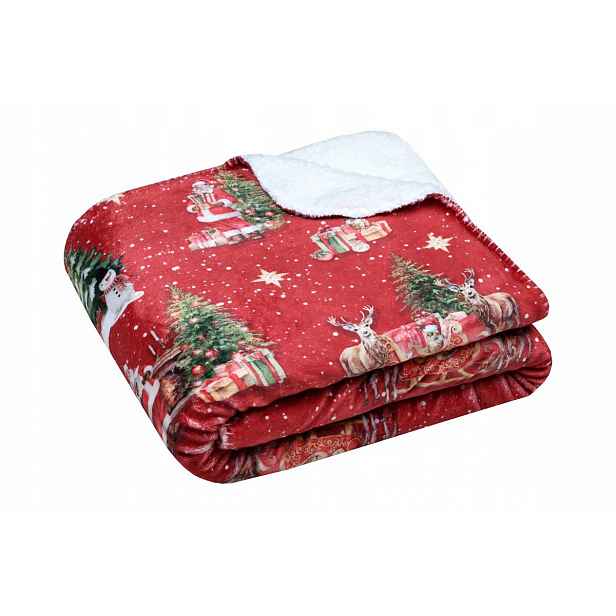 Červená Vánoční Deka S Motivem Mikulášského Soba 130 X 160 CM Polyester