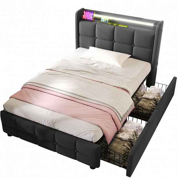 Modfu ČALOUNĚNÁ postel ze dřeva 90x200 cm šedá s LED osvětlením, USB, zásuvkami, 2 zásuvkami a matrací
