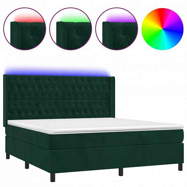 vidaXL Box spring postel s matrací a LED tmavě zelená 180x200 cm samet