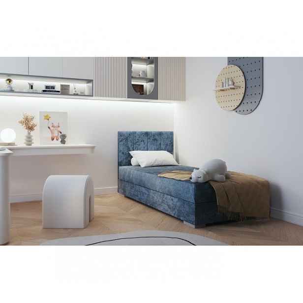 Jednolůžková čalouněná postel s úložným prostorem 90x200 BEGRA 2 - modrá, levé provedení