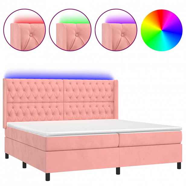 vidaXL Box spring postel s matrací a LED růžová 180x200 cm samet