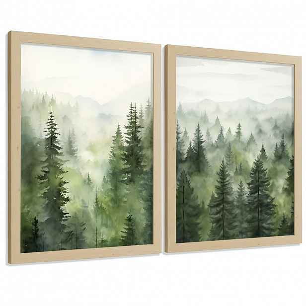 PLAKAT Sada 2 dekorativních tisků Nordic Forest Landscape Moderní obývák Obrázky - Zelené dekorativní plakáty Dekorace ložnice A4 bez rámu