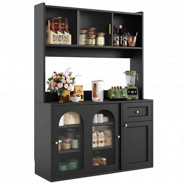 Redom BUFFET 120/35/167 cm s LED osvětlením, nastavitelnými policemi a prosklenými dvířky, Černá