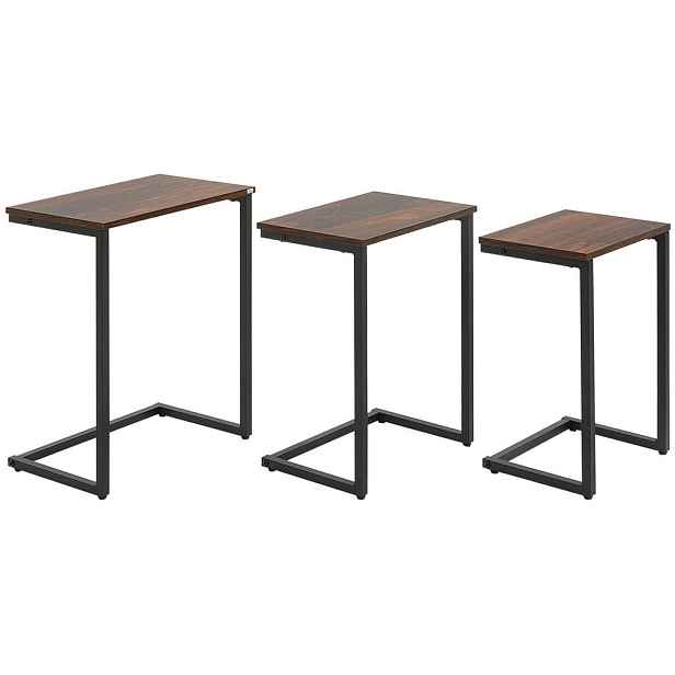 Redom SADA 3 odkládacích stolků 45/30/60 cm, zasouvací a stohovatelná, s ocelovým rámem, Hnědá