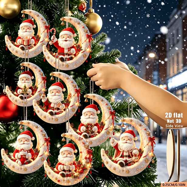 TEMU 2D Plochá, Sada 8 ks, Nové Zábavné 2D Reliéfní Dřevěné Závěsné Ozdoby do Domácnosti, Vánoce, Den , Den otců, Santa Claus Sedící na Měsíci,